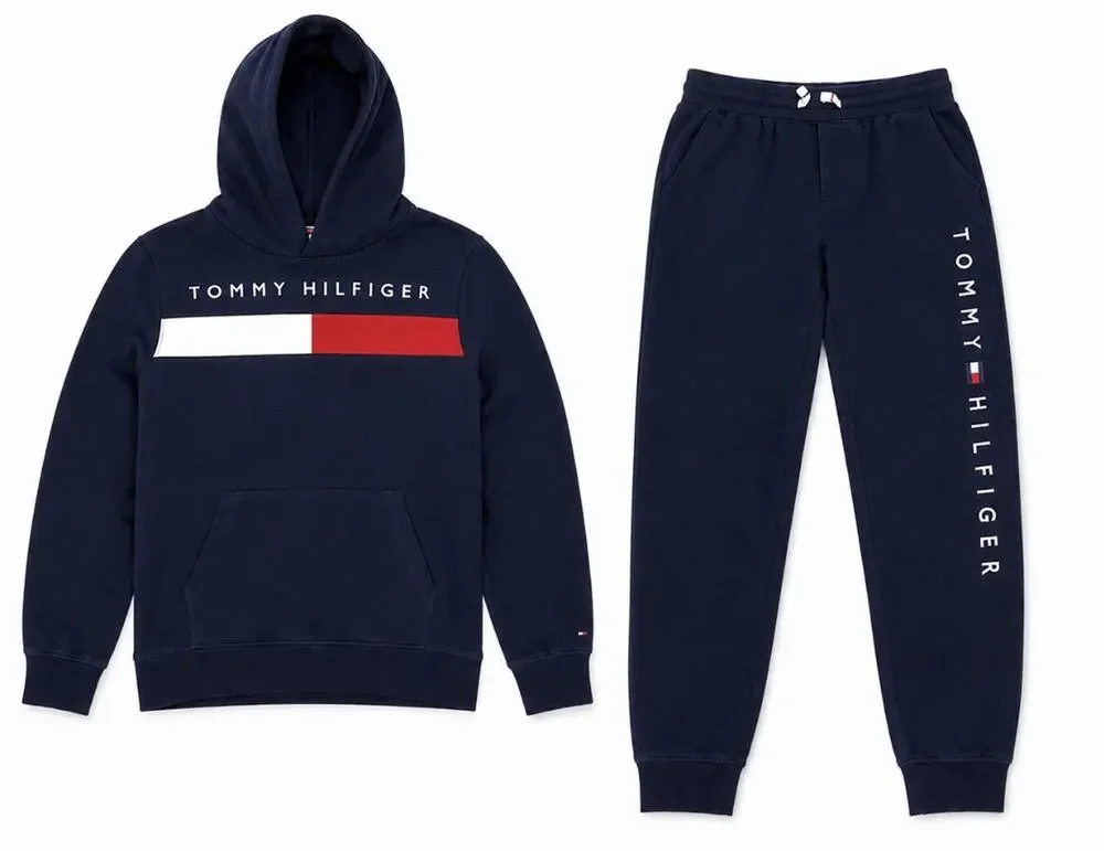 Tommy Hilfiger Youth Hoodie Jogger Set Navy Blue Logo Fleece Tracksuit Size L/M